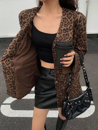 DAZY Women's Casual V-Neck Leopard Print Long Sleeve Blazer Jacket, Spring Cheetah Print, Fall Clothes Business Attire