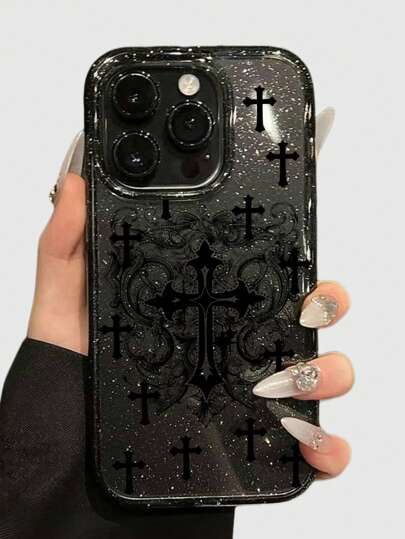 1pc Gothic Style Cross Pattern Transparent Glitter Phone Case, Halloween