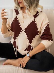 Calvaya Damen Pullover in Große Größen mit kontrastierendem Argyle-Muster, Rundhalsausschnitt, Strick, Herbst-Winter - Beige - Übersicht 1