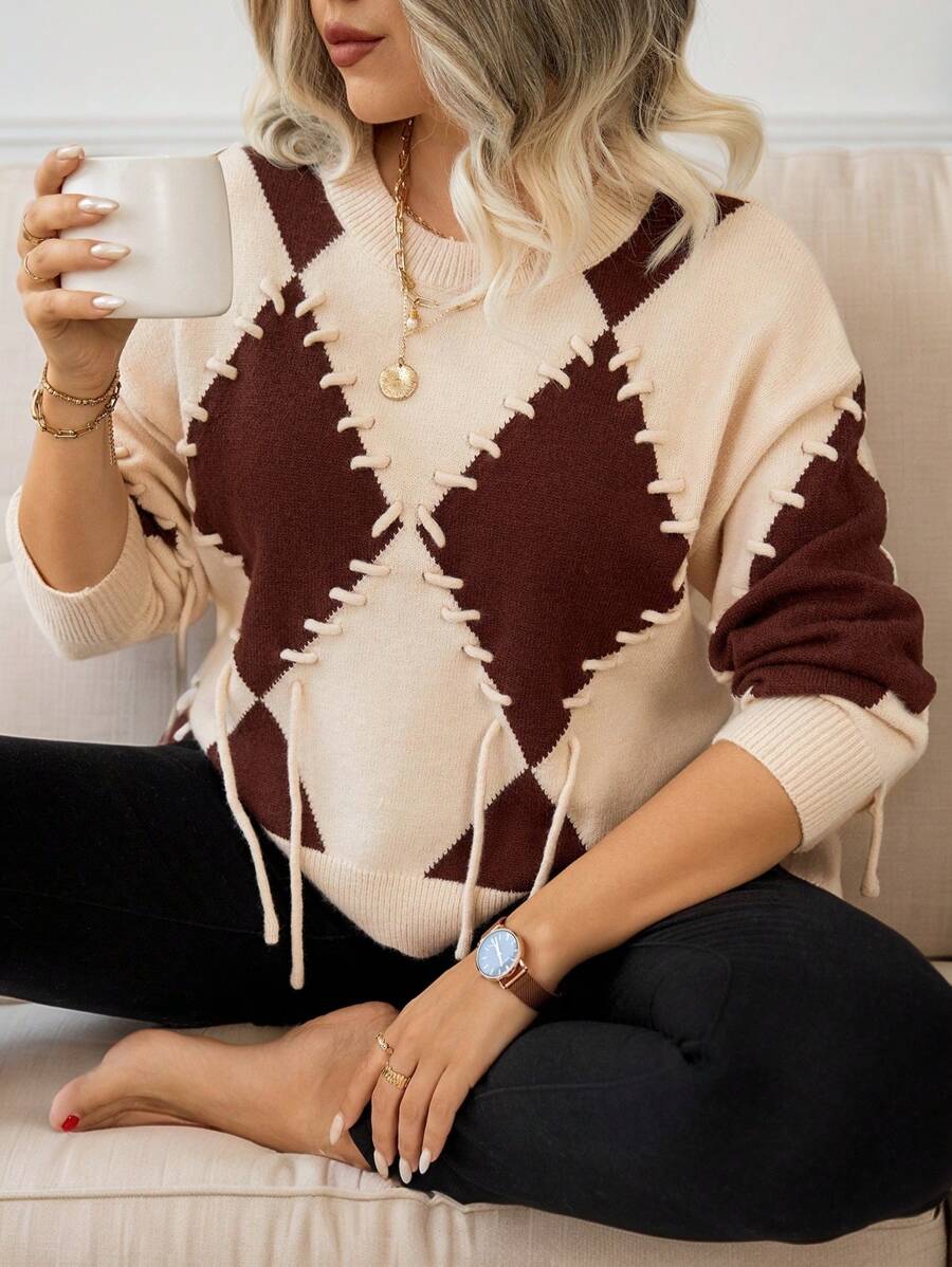 Calvaya Plus Size Women's Contrast Argyle Pattern Crew Neck Fall Sweater Knit Pullover Fall Winter - Beige - View 1