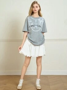 SHEIN Teenager Girls' Printed Necklace, Loose Dropped Shoulder Bow Print Pattern T-Shirt - Grey - View 4