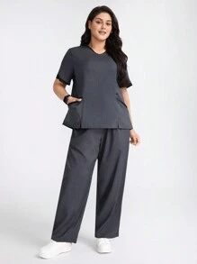 TaskEZ 大码纯色拼布短袖口袋衬衫和长裤护士制服套装 - 灰色 - 查看 5