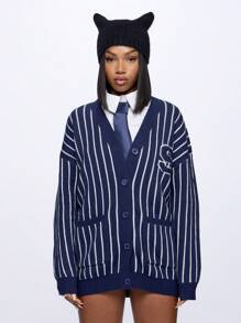 SUMWON WOMEN Cardigan en tricot style universitaire avec boutons, pull académique preppy pour l'hiver et l'automne, veste avec logo scolaire