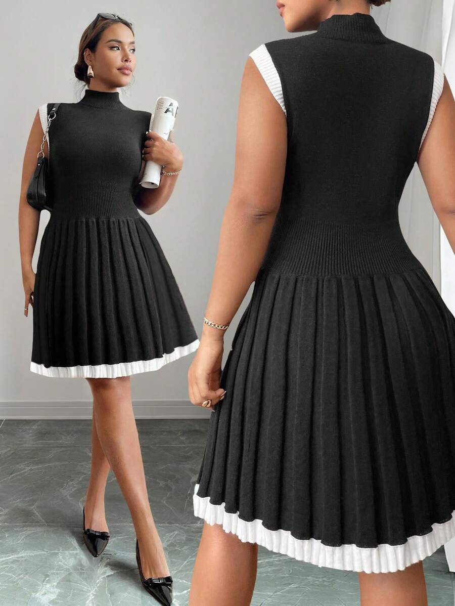 Celure 大码纯色拼布立领无袖休闲毛衣连衣裙