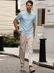 Manfinity Bizformal 男士纯色拼布前扣休闲短袖上衣，日常穿着 - 淺藍色 - 查看 6