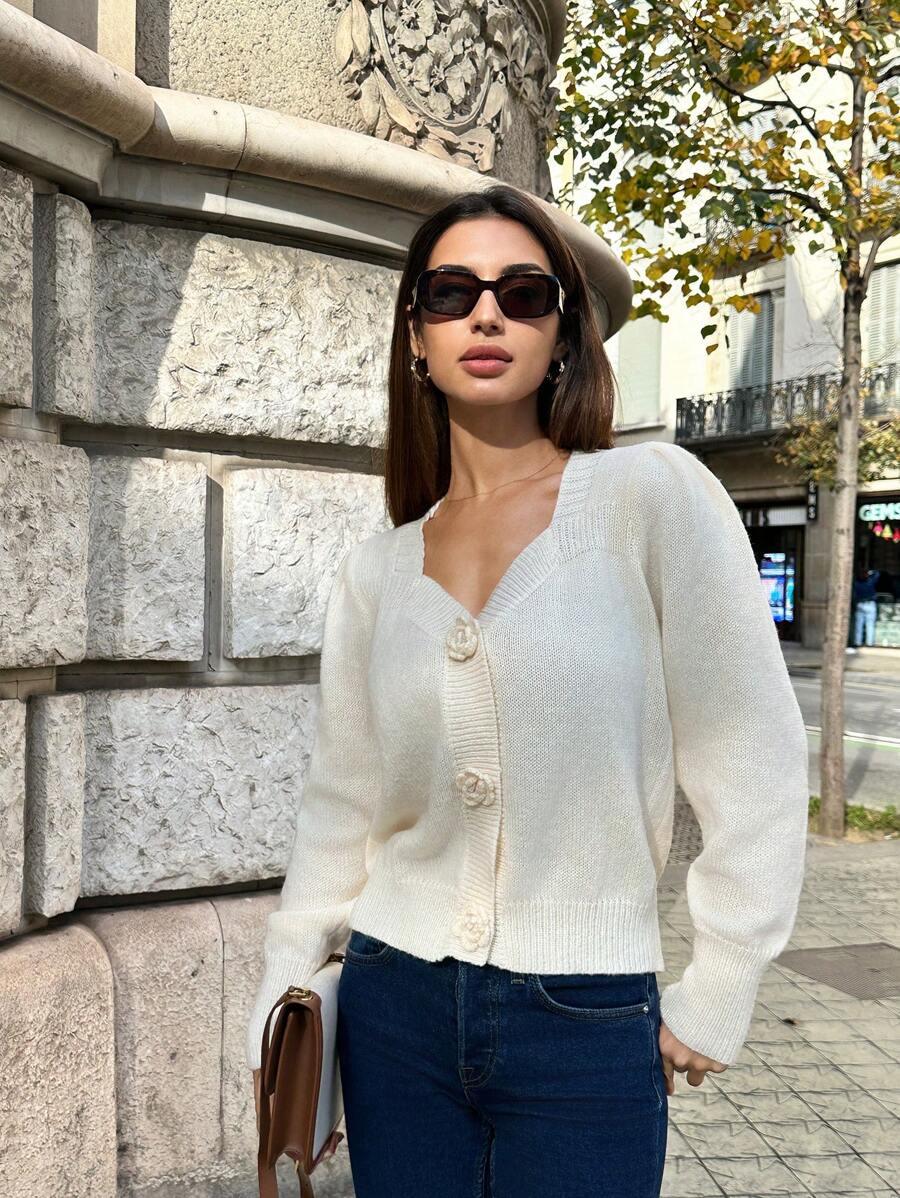 SHEIN LUNE Women's Floral 3D Collar Ribbed Edge White Sweater, Cute Knitted Pullover Fall Winter - Beige - View 1