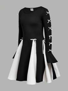 SHEIN Nova Glow Tween 女童蝴蝶结装饰圆领长袖拼色优雅黑白连衣裙，适合日常穿着、派对礼服，适合秋冬季 - 黑與白 - 查看 3