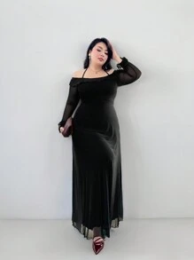 SHEIN Privé 大码优雅时尚黑色长袖荷叶边下摆网眼连衣裙，性感系带，节日，新年，派对，办公室，休闲，春秋，海滩 - 黑色 - 查看 5