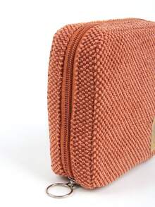 Skewed Studio Artist Best Selling Autumn/Winter Minimalist Red-Brown Plush Small Bear Logo Leather Tag Cosmetics Storage Bag, Sanitary Pad Holder