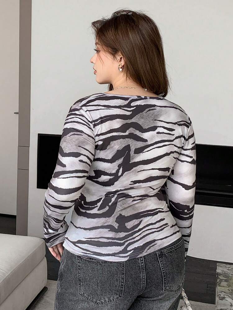 Dazy Petite Plus Asymmetrical Zebra Print Slim Fit Crew Neck Long Sleeve T-Shirt, Beige, Spring/Summer