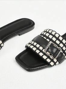 Styleloop New Plus Size Luxury Non-Slip Square Toe Pearl Decor Sandals, Fashion Versatile Women Beach And Holiday Slippers - Black - View 4
