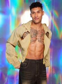 FeverCity Men's Sexy Hollow-Out Long Sleeve Hooded Cropped Jacket,Y2K