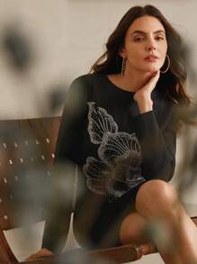 Anewsta Women's Luxury Long Sleeve Beaded Evening Gown - Black - View 2