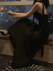 DAZY 女士束腰中长款亮黑色抹胸连衣裙优雅