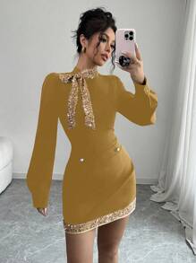 Elenzga Set de top de manga larga y falda con decoración de lentejuelas elegante para mujeres, para el otoño