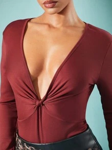 Hauture Winter Dameskleding, Elegante Roest Diepe Duik Twist Lange Mouw Casual Party Bodysuit, Dames Tops, Lange Mouw Top, Uitgaan Tops. Voor Date Night, Concerten, Optredens, Feesten, Clubs, Avond