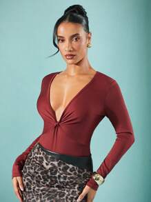 Hauture Winter Dameskleding, Elegante Roest Diepe Duik Twist Lange Mouw Casual Party Bodysuit, Dames Tops, Lange Mouw Top, Uitgaan Tops. Voor Date Night, Concerten, Optredens, Feesten, Clubs, Avond
