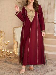 Al Najma 女士春夏网眼撞色金色蕾丝领开衫和阿拉伯传统长裙 - 紅色 - 查看 6