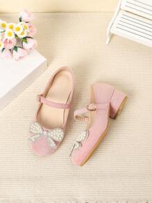 1 Pair Children Simple Casual High Heel Shoes With Bow Decor - Pink - View 5
