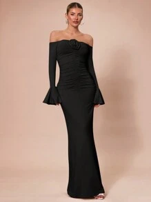 SHEIN BAE 秋冬杏色和象牙色纯色紧身性感露肩长袖 3D 花卉装饰褶皱长裙，适合鸡尾酒会、浪漫约会、分层穿搭、派对、正式活动、万圣节、圣诞节 - 黑色 - 查看 4