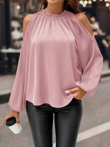 SHEIN Clasi Blusa Elegante e Romântica Preta com Ombros Abertos para Mulheres, Manga Longa com Detalhe de Babado Verde, para Uso Social e Diário - Rosa chiclete - Visão 5