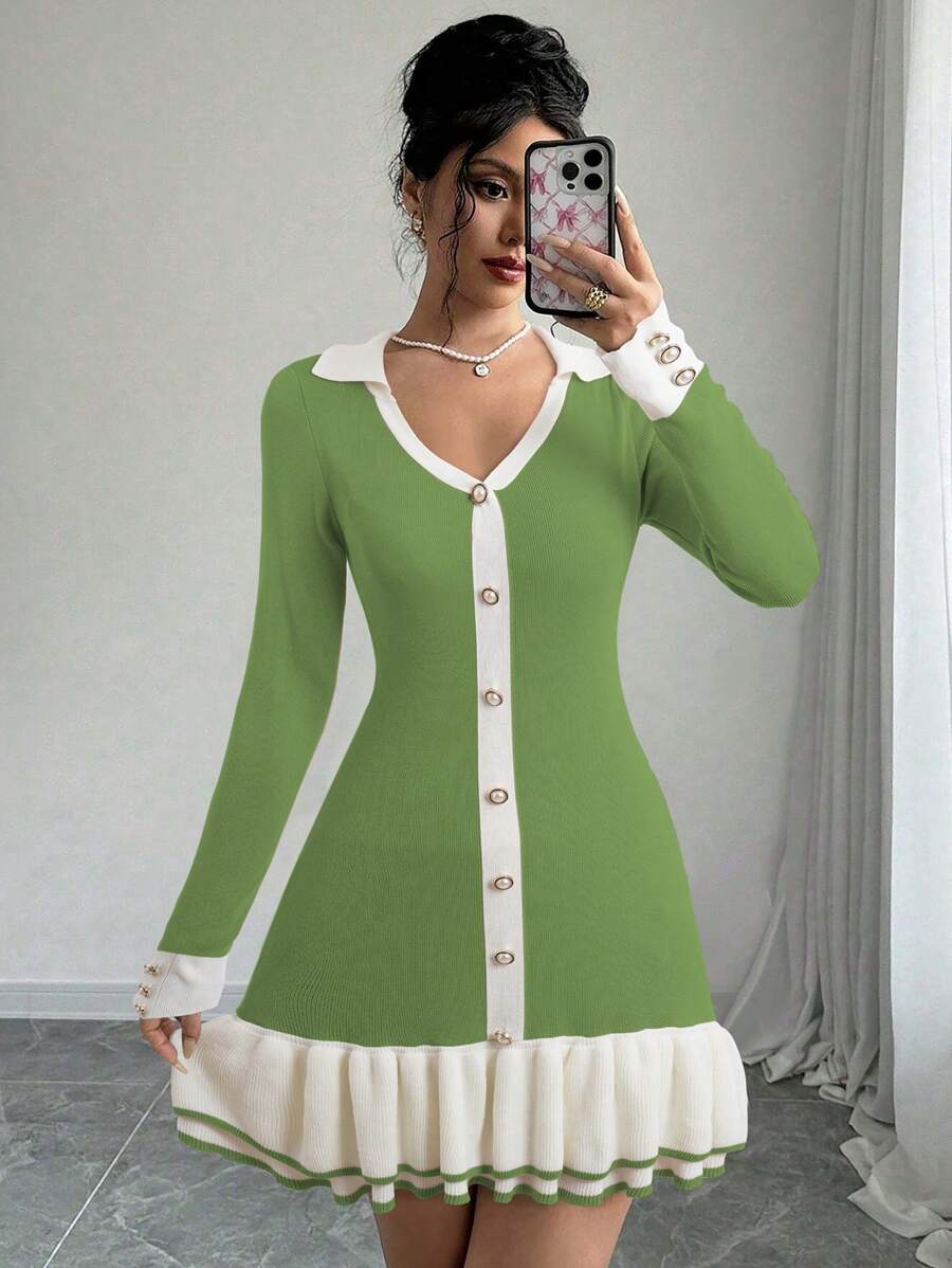 Chiquease Damen einfarbiges Patchwork-Strickkleid mit Knopfleiste und Langarm - Grün - Übersicht 1