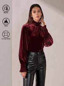 BizChic Turtleneck Velvet T-Shirt, Fashionable Commuter Top, Romantic Attire For Holidays, Women Office Wear - Burgundy - View 1