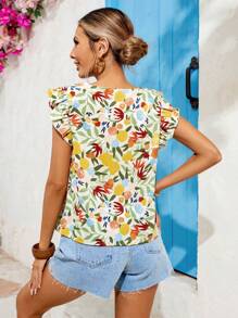 SHEIN VCAY Woven Print Square Neck Cap Sleeve Fitted Oversized Women's Shirt, Summer Clothes, Vacation Outfits Woman, Beach Outfits For Woman, Festival, Romantic And Elegant Clothing, Bohemian, BOHO, Sweet, Rave Outfits Festival, Tropical Vacation Woman Clothes, Carnaval