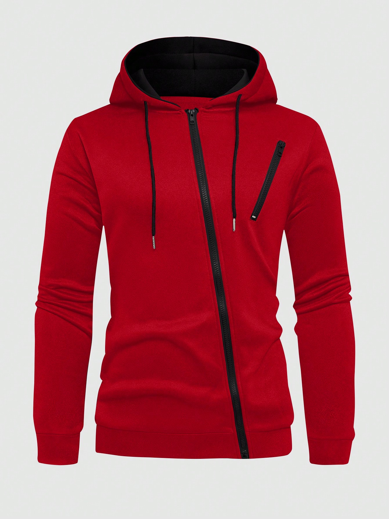 Manfinity Dauomo Men's Zip-Up Drawstring Red Hoodie Sweatshirt, Casual, Long Sleeve, Autumn/Winter