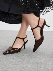 CUCCOO BIZCHIC 女士时尚咖啡棕色T字带尖头低跟踝带鞋，通勤、约会、派对穿着，春季鞋款，春假、复活节、圣诞节春季鞋款 - 咖啡棕 - 查看 5