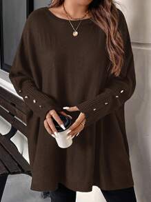 EMERY ROSE Plus Size Winter Loose-Fitting Sweater Pullover With Metal Button Design On Cuffs, Suitable For Going Out, Vacation, Workwear, And Home