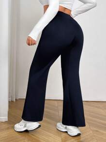 SHEIN EZwear Plus Size Women Casual Plain Fleeced Bell-Bottom Sweatpants For Autumn/Winter Thermal - Navy Blue - View 2