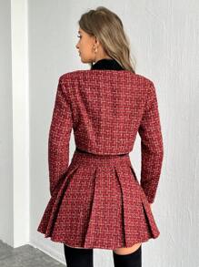 SHEIN Privé 女士 2 件套：格子圆领长袖单排扣夹克和褶皱迷你裙，优雅秋冬 - 酒紅色 - 查看 2