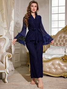 3 件套女士 3D 花卉蕾丝网眼撞色喇叭袖休闲裤睡衣套装 - 藏蓝色 - 查看 4