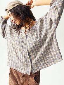 Bohemela 休闲编织格子 V 领宽松 3/4 袖女式衬衫 - 藍色 - 查看 6