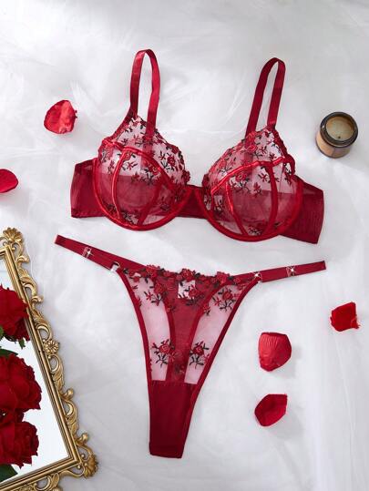 2pcs Plus Size Red Cherry Sexy Bra And Panty Lingerie Set, Lift