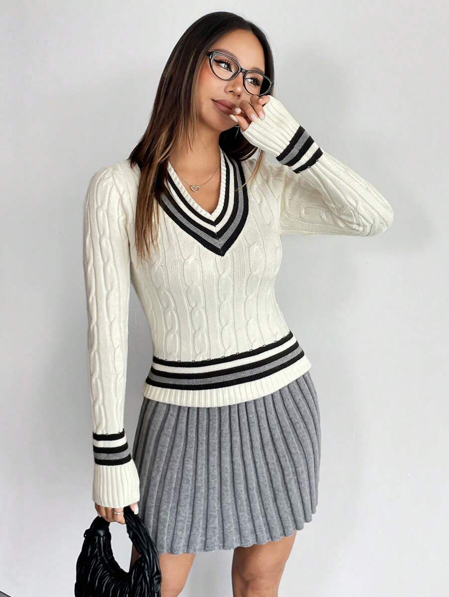 SHEIN Unity Women's V-Neck Contrast Color Pleated Skirt And Elegant Two-Piece Sweater Set, Collegiate Style, Autumn/Winter - Apricot - View 1