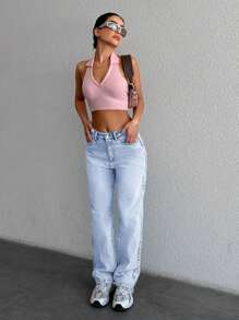 EURMUSE 100%Cotton Women's Slant Pocket Casual Straight Leg Jeans - Light Wash - View 4