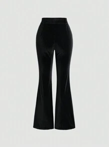 Flirla Women's Solid Color Button-Decorated Casual Velvet Flare Pants