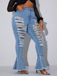 Slaydiva Jeans casuales con bolsillo delantero con botones y efecto desgastado en tallas grandes - Azul - Ver 2