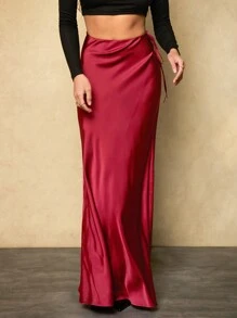 Forever 21 Vêtements d'hiver pour femmes Nouvelle jupe longue de soirée de Noël à taille basse avec cordon de serrage, jupe sirène en satin, jupe sexy bordeaux pour le Nouvel An pour femmes - Rouge foncé - Voir 6