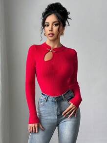 SHEIN Privé Christmas & New Year Elegant Casual Hollow-Out Neck Metal Decor Tight Knit Sweater, Suitable For Valentine's Day, Autumn & Winter - Red - View 2