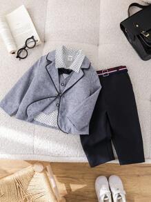 SHEIN 4pcs/Set Baby Boy Autumn/Winter Colorblock Ribbon Collar Long Sleeve Cardigan, Collar Shirt, Elastic Waist Pants Outfit With Belt, Suitable For Birthday Party, New Year, Christening, 1st Birthday, Party, Performance, Wedding, Baby Shower