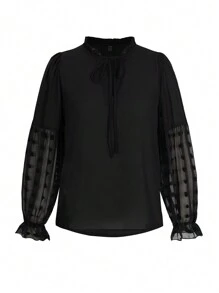 EMERY ROSE Swiss Dot Flare Sleeve Tie Neck Blouse,Long Sleeve Tops Fall Cloth For Women