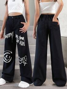 Tween Girls Y2K Style Black Jeans With Letter Graffiti Print, Fashionable Street Style Elements, Simple Black Washed Loose Straight Leg Denim Pants - Black - View 1