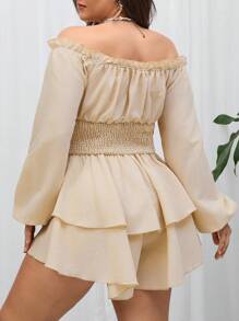 SHEIN VCAY Plus Size Apricot Square Neck Ruffle Hem Multi-Layer Hem A-Line Waist Casual Jumpsuit, Suitable For Valentine's Day - Apricot - View 2