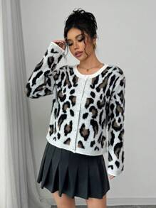 Chiquease Women Leopard Print Round Neck Pearl Button Front Long Sleeve Knit Casual Cardigan