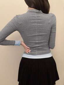 DAZY Women Contrast Color Block Stand Collar Long Sleeve Casual Top, Everyday Wear,Fall Women Clothes