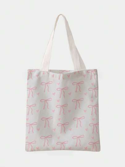 Kawaii Double-Sided Bow & Heart Print Canvas Tote Bag, Cute Bow Bag For Women