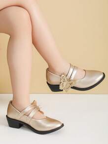 Butterfly Flower Girl Shoes, Golden Color Kids High Heel Shoes, Girls Spring Shoes - Gold - View 1